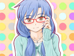 Rule 34 | 1girl, adjusting eyewear, alternate hairstyle, bad id, bad pixiv id, bespectacled, blue hair, brown eyes, cross, cross necklace, glasses, idolmaster, idolmaster (classic), jewelry, kisaragi chihaya, light smile, long hair, necklace, punto, red-framed eyewear, solo, twintails, upper body