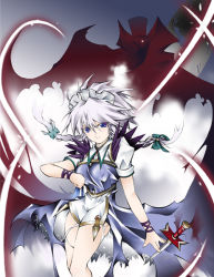 Rule 34 | 1girl, adapted costume, blue dress, blue eyes, braid, chaotic-unknown, chaoticunknown, dress, female focus, izayoi sakuya, knife, maid, serious, short hair, solo, torn clothes, touhou, twin braids, white hair