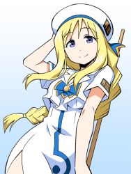 Rule 34 | 1girl, alicia florence, anbe masahiro, aria (manga), beret, blonde hair, blouse, blue background, blue bow, blue eyes, bow, braid, braided ponytail, closed mouth, dress, gradient background, hand on own head, hat, holding, long hair, looking at viewer, pole, shirt, short sleeves, single braid, smile, solo, standing, uniform, upper body, very long hair, white dress, white hat, white shirt