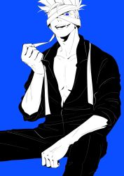 Rule 34 | 1boy, black pants, black shirt, blindfold, blue background, blue eyes, collared shirt, gojou satoru, highres, invisible chair, jujutsu kaisen, looking at viewer, male focus, open clothes, open mouth, pants, shirt, short hair, simple background, sitting, smile, solo, spiked hair, ten ten 10 10, white hair