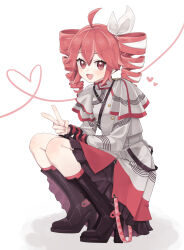 Rule 34 | 1girl, ahoge, boots, bow, commentary, esy, full body, hair bow, hair ribbon, high heel boots, high heels, highres, kasane teto, kasane teto (sv), long hair, long sleeves, looking at viewer, open mouth, pink eyes, pink hair, ribbon, skirt, smile, solo, squatting, synthesizer v, utau, v