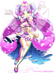 Rule 34 | 1girl, :d, armpits, boots, breasts, cleavage, elbow gloves, fingerless gloves, frills, full body, gloves, green eyes, hair ornament, halo, heart, long hair, looking at viewer, million chain, open mouth, original, pink hair, purple hair, ribbon, roh nam kyung, smile, solo, thigh boots, thigh gap, thighhighs, twintails, very long hair, wings