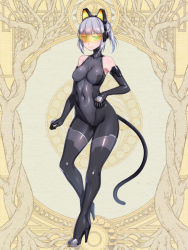 Rule 34 | 1girl, animal ears, bare shoulders, black bodysuit, bodystocking, bodysuit, breasts, cat tail, closed mouth, cocytus (wind master), collarbone, commentary, covered navel, dairoku ryouhei, elbow gloves, fake animal ears, full body, gloves, goggles, green eyes, hair ornament, high heels, medium breasts, plant roots, shiny clothes, short hair, sidelocks, silver hair, skin tight, smile, solo, standing, standing on one leg, tail, thighs, v-shaped eyebrows, yellow background