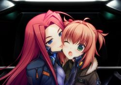 Rule 34 | 2girls, artist request, blue eyes, blue jacket, blush, brown jacket, fortified suit, fur trim, game cg, green eyes, hair intakes, highres, jacket, jacket on shoulders, licking, licking another&#039;s cheek, licking another&#039;s face, long hair, miono shizuku, multiple girls, muv-luv, muv-luv alternative, muv-luv unlimited: the day after, official art, one eye closed, oogami ritsuko, pilot suit, pink hair, red hair, short hair, smile, surprised, two side up