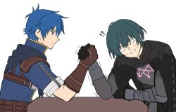 Rule 34 | !?, 2boys, arm wrestling, blue hair, byleth (fire emblem), clenched teeth, commentary request, fire emblem, fire emblem: mystery of the emblem, fire emblem: three houses, fire emblem heroes, gloves, grey hair, hand on table, highres, kris (fire emblem), long sleeves, male focus, multiple boys, nintendo, short hair, short sleeves, simple background, struggling, sweat, sweatdrop, table, teeth, trembling, white background, zuzu (ywpd8853)