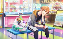 Rule 34 | 1boy, arcade, colorful palette, crane game, earrings, feet out of frame, highres, hood, hooded jacket, indoors, jacket, jewelry, legs apart, looking at viewer, multicolored hair, official art, on bench, orange hair, parted lips, project sekai, pusher game, shinonome akito, sitting, solo, streaked hair, stud earrings, stuffed animal, stuffed dinosaur, stuffed penguin, stuffed toy, yellow eyes