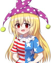 Rule 34 | 1girl, american flag print, american flag shirt, bad id, bad pixiv id, blonde hair, blue shirt, blush, breasts, chaleu, clownpiece, fang, hair between eyes, hat, highres, jester cap, long hair, looking at viewer, medium breasts, multicolored clothes, multicolored shirt, no wings, open mouth, polka dot, print shirt, purple hat, red eyes, red shirt, shirt, short sleeves, smile, solo, star (symbol), star print, striped clothes, striped shirt, tongue, touhou, upper body, white shirt