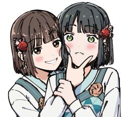 2girls :i animification black_hair blue_dress blunt_bangs blunt_ends blush bob_cut brown_eyes brown_hair cheek_press closed_mouth commentary_request dress flower frown green_eyes grin hair_flower hair_ornament hand_on_another&#039;s_face japanese_clothes kimono link!_like!_love_live! long_sleeves looking_at_viewer love_live! momose_ginko multiple_girls official_alternate_costume pinafore_dress puffy_long_sleeves puffy_sleeves real_life red_flower sakurai_hina second-party_source short_hair simple_background sleeveless sleeveless_dress smile tera_dash unfinished upper_body virtual_youtuber voice_actor voice_actor_connection white_background white_kimono