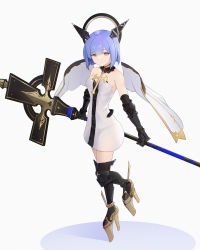 Rule 34 | 1girl, absurdres, armored boots, azur lane, bare shoulders, black collar, black dress, black footwear, blue hair, boots, breasts, collar, cross, cross necklace, danraz0r, detached collar, detached wings, dress, full body, gascogne (azur lane), gauntlets, halo, headgear, high heels, highres, holding, holding cross, jewelry, looking at viewer, mechanical halo, mechanical wings, medium hair, necklace, simple background, sleeveless, sleeveless dress, small breasts, solo, strapless, strapless dress, two-tone dress, white background, white dress, wings, yellow eyes