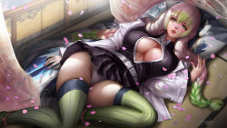 Rule 34 | 1girl, belt, black skirt, blush, braid, breasts, cherry blossoms, cleavage, curtains, day, green eyes, green hair, green thighhighs, haori, highres, indoors, japanese clothes, kanroji mitsuri, kimetsu no yaiba, lips, lipstick, long hair, looking at viewer, lying, makeup, medium breasts, miniskirt, mole, mole under eye, multicolored hair, on back, open mouth, panties, pantyshot, partially unbuttoned, petals, pink hair, pleated skirt, ribbed legwear, signature, skirt, solo, tatami, thighhighs, thighs, turewindwalker, two-tone hair, underwear, uniform, white panties, wind