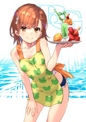 Rule 34 | &gt;:), 1girl, animal print, apron, bare shoulders, blue shorts, blush, breasts, brown eyes, brown hair, closed mouth, collarbone, cowboy shot, crazy straw, cup, denim, denim shorts, drinking glass, drinking straw, flower, food, frog print, fruit, hair flower, hair ornament, hand on own thigh, hibiscus, holding, holding tray, leaning forward, misaka mikoto, orange (fruit), raika9, red flower, short hair, short shorts, shorts, small breasts, smile, solo, swimsuit, swimsuit under clothes, toaru kagaku no railgun, toaru majutsu no index, tray, twitter username, water, yellow apron
