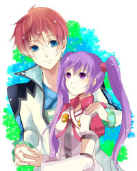 Rule 34 | 1boy, 1girl, alternate costume, asbel lhant, blue eyes, brown hair, long hair, official alternate costume, purple eyes, purple hair, smile, sophie (tales), suzuhara (asparadise), tales of (series), tales of graces, twintails