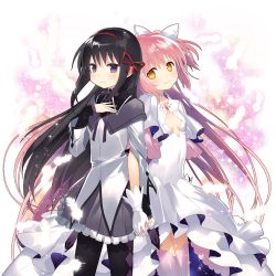 Rule 34 | 10s, 2girls, akemi homura, argyle, argyle clothes, argyle legwear, black hair, blush, bow, capelet, dress, feathers, gloves, gradient background, hair bow, hair ribbon, hairband, hand on own chest, holding hands, kaguyuzu, kaname madoka, long hair, looking at viewer, magical girl, mahou shoujo madoka magica, mahou shoujo madoka magica (anime), multiple girls, official art, pantyhose, pink hair, pleated skirt, purple eyes, red ribbon, ribbon, side-by-side, skirt, smile, spoilers, thighhighs, transparent background, twintails, two side up, ultimate madoka, white dress, yellow eyes