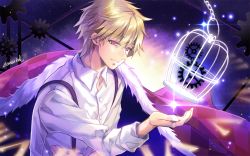 Rule 34 | 1boy, artist name, blonde hair, cage, cape, clock zero, elemental, gears, light smile, male focus, pink eyes, shirt, solo, sparkle, suspenders, upper body, white shirt