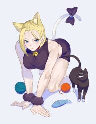 Rule 34 | 1girl, animal ears, bare shoulders, blonde hair, breasts, cammy white, cat, cat ears, cat tail, crop top, fish, highres, large breasts, looking at viewer, neck bell, short hair, shorts, sleeveless, squidriling, street fighter, street fighter 6, tail, yarn, yarn ball