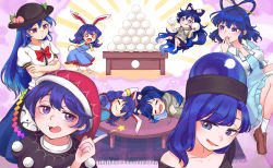 Rule 34 | 6+girls, :3, :q, = =, animal ears, black headwear, black shirt, blue bow, blue dress, blue eyes, blue skirt, blush, bobby socks, bow, bowtie, breasts, brown footwear, collarbone, color connection, commentary request, covering own mouth, crossed arms, dango, doremy sweet, dress, drooling, emphasis lines, food, fruit, hair between eyes, hair bow, hair color connection, hair ornament, hair rings, hair stick, hat, head rest, heart, heart-shaped pupils, hecatia lapislazuli, hecatia lapislazuli (earth), highres, hinanawi tenshi, holding, holding food, index finger raised, kaku seiga, long hair, looking at viewer, looking down, medium breasts, medium hair, multiple girls, nightcap, off-shoulder shirt, off shoulder, open mouth, parted lips, peach, pom pom (clothes), puffy short sleeves, puffy sleeves, purple background, rabbit ears, rabbit tail, rainbow order, red bow, red eyes, red headwear, satsuki mei (17maymay14), seiran (touhou), shirt, short hair, short sleeves, skirt, sleeping, small breasts, socks, star (symbol), symbol-shaped pupils, table, tail, tongue, tongue out, touhou, upper body, vest, wagashi, white shirt, white vest, yorigami shion