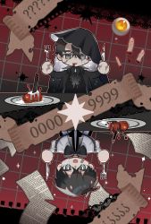 Rule 34 | 2boys, 999 mandu, ?, ??, bandaid, bandaid on cheek, bandaid on face, black bow, black hair, black shirt, blood, blood from mouth, bloody knife, bow, bright pupils, chibi, closed mouth, commentary request, eyeball, fork, grey eyes, grid background, hair between eyes, hands up, highres, holding, holding fork, holding knife, hood, hood up, kim dokja, knife, korean commentary, long sleeves, looking at viewer, male focus, multiple boys, omniscient reader&#039;s viewpoint, open mouth, paper, plate, red background, scar, scar on face, scar on hand, severed finger, shirt, short hair, smile, table, upper body, white pupils, white shirt, yoo joonghyuk