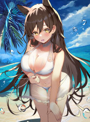 Rule 34 | 1girl, aa44, absurdres, air bubble, atago (azur lane), atago (summer march) (azur lane), azur lane, beach, bikini, breasts, brown hair, bubble, choker, cleavage, extra ears, highres, large breasts, leaning forward, long hair, looking at viewer, official alternate costume, open mouth, palm tree, ribbon, sarong, see-through sarong, solo, swimsuit, tree, very long hair, water, white bikini, white choker, white ribbon, yellow eyes