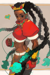 Rule 34 | 1girl, arm wrap, black hair, bow hairband, cable, capcom, cowboy shot, dark-skinned female, dark skin, fingerless gloves, gloves, green hair, hair pulled back, hairband, highres, hip vent, kimberly jackson, lips, listening to music, morry, multicolored hair, quad braids, red gloves, smartwatch, smile, solo, standing, street fighter, street fighter 6, walkman, watch, wristwatch