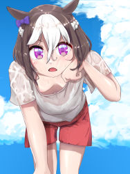 Rule 34 | 1girl, animal ears, blush, bow, braid, breasts, brown hair, cloud, downblouse, hair bow, hand on leg, hand on own face, highres, horse ears, horse girl, leaning forward, looking at viewer, meuw meu, multicolored hair, no bra, open mouth, outdoors, purple bow, purple eyes, shirt, shorts, sky, small breasts, solo, special week (umamusume), sweat, umamusume, wet, wet clothes, wet shirt, white hair, wiping sweat