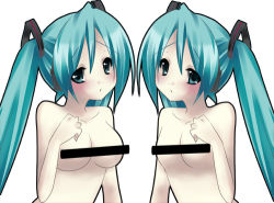 Rule 34 | 1girl, alternate breast size, blue eyes, blue hair, blush, breasts, censored, censored nipples, flat chest, hatsune miku, long hair, lowres, nude, small breasts, twintails, very long hair, vocaloid, white background, yusya