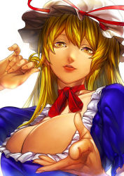 Rule 34 | 1girl, aritoki ritsu, blonde hair, bow, breasts, choker, cleavage, dress, frills, twirling hair, hand in own hair, hat, hat bow, large breasts, lips, long hair, looking at viewer, mob cap, puffy sleeves, purple dress, short sleeves, simple background, solo, touhou, white background, yakumo yukari, yellow eyes