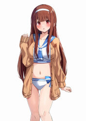 Rule 34 | :o, absurdres, ass, bikini, bikini under clothes, blush, breasts, brown cardigan, brown hair, cardigan, cleavage, collarbone, commentary, feet out of frame, hairband, highres, idolmaster, idolmaster million live!, large breasts, looking at viewer, navel, red eyes, sailor bikini, sailor collar, sailor swimsuit (idolmaster), simple background, stomach, swimsuit, tabii, tanaka kotoha, thigh gap, white background, white hairband