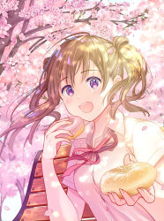 Rule 34 | 1girl, arms up, bench, blonde hair, blue sky, branch, cherry blossoms, cloud, commentary request, dappled sunlight, day, doughnut, flower, food, giving, hair blowing, hanami, highres, holding, holding food, incoming food, looking at viewer, medium hair, neck ribbon, open mouth, original, outdoors, pastry, pechi (peeechika), petals, purple eyes, red ribbon, ribbon, shirt, short sleeves, sitting, sky, solo, spring (season), sunlight, teeth, tree, twintails, upper body, upper teeth only, white shirt, wind