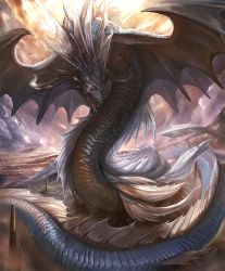 Rule 34 | 10s, artist request, cloud, cloudy sky, cygames, dragon, dragon horns, dragon wings, fins, genesis dragon, horns, no humans, official art, scales, shadowverse, shingeki no bahamut, sky, spines, spire, wings
