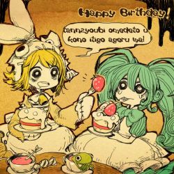 Rule 34 | 2girls, blonde hair, blue hair, bowtie, cake, candy, cup, dress, fork, frog, fruit, happy birthday, hatsune miku, kagamine rin, multiple girls, parallela66, strawberry, symbol-shaped pupils, teacup, translation request, twintails, vocaloid