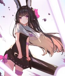 Rule 34 | 1girl, absurdres, animal ear fluff, animal ears, black dress, black hair, bow, capelet, commentary request, cowboy shot, dress, greatsword, hair bow, heavyblade rabbit, highres, holding, holding sword, holding weapon, laser, long hair, looking at viewer, medium bangs, open mouth, pink bow, pink eyes, rabbit and steel, rabbit ears, rabbit girl, ribbon-trimmed capelet, ribbon-trimmed dress, rock, solo, sword, very long hair, weapon, white capelet, yuri2720