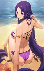 Rule 34 | 1girl, arm support, armlet, ass, back, beach, bikini, breasts, choker, closed mouth, eyepatch bikini, fate/grand order, fate (series), from above, from behind, highres, large breasts, long hair, looking back, low-tied long hair, minamoto no raikou (fate), minamoto no raikou (fate/grand order), minamoto no raikou (swimsuit lancer) (fate), outdoors, parted bangs, purple bikini, purple eyes, purple hair, rororo, sand, shore, smile, swimsuit, very long hair, water