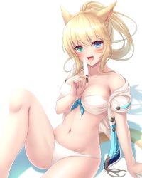 Rule 34 | 10s, 1girl, :d, animal ears, bad id, bad pixiv id, bare shoulders, bikini, blonde hair, blue eyes, blue ribbon, blush, breasts, buttons, cat ears, cat tail, cleavage, collarbone, facial mark, final fantasy, final fantasy xiv, food, front-tie bikini top, front-tie top, green eyes, heterochromia, highres, holding, holding food, knee up, long hair, looking at viewer, md5 mismatch, medium breasts, miqo&#039;te, navel, off shoulder, open clothes, open mouth, open shirt, ponytail, popsicle, ribbon, shirt, short sleeves, simple background, sitting, smile, solo, stomach, swimsuit, tail, tiphereth, unbuttoned, unbuttoned shirt, warrior of light (ff14), whisker markings, white background, white bikini, white shirt