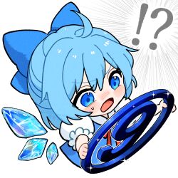 Rule 34 | !?, 1girl, ahoge, asaka haru123, blue bow, blue eyes, blue hair, blush stickers, bow, chibi, circled 9, cirno, commentary request, cropped torso, emphasis lines, glint, hair bow, highres, ice, ice wings, open mouth, puffy short sleeves, puffy sleeves, short hair, short sleeves, solo, surprised, sweatdrop, touhou, watermark, white background, wings