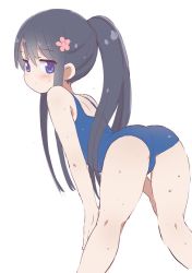 Rule 34 | 1girl, ass, bent over, black hair, blue eyes, blue one-piece swimsuit, from behind, gulp5959, hands on own knees, kneepits, long hair, looking back, one-piece swimsuit, ponytail, school swimsuit, shirosaki hana, simple background, solo, swimsuit, watashi ni tenshi ga maiorita!, white background