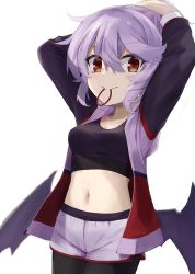 Rule 34 | 1girl, adjusting hair, akisome hatsuka, alternate costume, arms up, black pantyhose, breasts, cowboy shot, hair between eyes, jacket, long sleeves, looking at viewer, low wings, medium breasts, midriff, mouth hold, navel, no headwear, open clothes, pantyhose, purple hair, red eyes, remilia scarlet, shorts, simple background, smile, solo, touhou, white background, wings