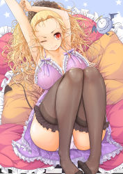 Rule 34 | 1girl, absurdres, alarm clock, armpits, arms up, babydoll, black thighhighs, blonde hair, breasts, cleavage, clock, curly hair, demon girl, demon tail, demon wings, feet, female focus, frilled pillow, frilled thighhighs, frills, highres, large breasts, long hair, maru-pen, messy hair, no shoes, one eye closed, original, panties, pillow, pointy ears, red eyes, sitting, solo, stretching, tail, thighhighs, underwear, very long hair, waking up, white panties, wings