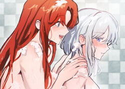 Rule 34 | 2girls, bathing, blue eyes, blush, breasts, ear blush, hands on another&#039;s back, hands on another&#039;s shoulders, highres, hong meiling, izayoi sakuya, large breasts, multiple girls, nude, open mouth, red hair, sarukana, soap bubbles, tile wall, tiles, touhou, wet, white hair, yuri