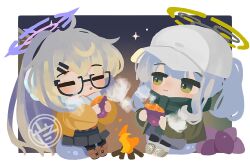 Rule 34 | 2girls, :o, baseball cap, black-framed eyewear, black pantyhose, blonde hair, blue archive, blush, boots, border, brown footwear, brown jacket, campfire, chibi, closed eyes, closed mouth, commentary request, cross-laced footwear, crossed bangs, earmuffs, fire, fold-over boots, food, glasses, green eyes, green jacket, green scarf, grey footwear, grey shorts, grey skirt, hair between eyes, hair ornament, hairclip, halo, hare (blue archive), hare (camp) (blue archive), hat, high ponytail, highres, holding, holding food, jacket, kotama (blue archive), kotama (camp) (blue archive), lace-up boots, long hair, long sleeves, looking at another, multiple girls, nose blush, official alternate costume, open mouth, outside border, pantyhose, pleated skirt, ponytail, roasted sweet potato, rock, scarf, semi-circular eyewear, shirota (petapeta84), shorts, sidelocks, sitting, sitting on rock, skirt, smile, smoke, sweet potato, very long hair, white border, white hair, white headwear, white scarf