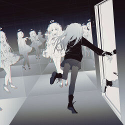 Rule 34 | 1other, 2girls, arms at sides, blunt bangs, boots, cross-laced footwear, different reflection, dutch angle, elevator door, facing away, fingerless gloves, from behind, gloves, greyscale, halo, high heels, highres, holding hands, jacket, lace-up boots, long hair, long sleeves, looking at viewer, mechari, miniskirt, mirror, monochrome, multiple girls, original, pleated skirt, reflection, running, skirt, solid eyes, straight hair, thighhighs, two side up