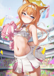 Rule 34 | 1girl, absurdres, alternate costume, animal ear fluff, animal ears, arm behind back, bare shoulders, blue archive, blue eyes, blush, cat ears, cheerleader, chiu538, closed mouth, crop top, hair between eyes, hairband, halo, highres, holding, holding pom poms, long hair, looking to the side, mari (blue archive), midriff, millennium cheerleader outfit (blue archive), navel, orange hair, pleated skirt, pom pom (cheerleading), pom poms, ponytail, skirt, solo, solo focus, standing, stomach, white hairband, white skirt, yellow halo