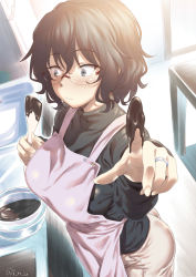 Rule 34 | 1girl, apron, black eyes, black hair, black shirt, blush, bowl, casual, chocolate, chocolate making, closed mouth, commentary request, cooking, food on hand, foreshortening, frown, girls und panzer, glasses, holding, holding spatula, incoming food, indoors, inu (aerodog), jewelry, long sleeves, looking away, messy hair, mixing bowl, oryou (girls und panzer), pants, purple apron, red-framed eyewear, rimless eyewear, ring, shirt, short hair, solo, spatula, standing, turtleneck, twitter username, valentine, wedding band, white pants