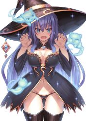 Rule 34 | &gt;:d, 1girl, :d, bad id, bad pixiv id, black dress, black panties, black thighhighs, blue eyes, blue hair, breasts, cat, cleavage, dakunesu, detached collar, detached sleeves, dress, fangs, ghost, gluteal fold, groin, hair between eyes, hat, highres, large breasts, long hair, long sleeves, looking at viewer, navel, open mouth, original, panties, paw pose, sidelocks, smile, solo, stomach, thighhighs, underwear, v-shaped eyebrows, very long hair, witch, witch hat