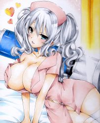 Rule 34 | 1girl, absurdres, areola slip, blue eyes, breasts squeezed together, breasts, cleavage, cosplay, grey hair, hat, heart, highres, hmdark-9, kantai collection, kashima (kancolle), large breasts, large syringe, long hair, looking at viewer, navel, no bra, no panties, nurse, nurse cap, open mouth, oversized object, solo, syringe, traditional media, twintails, white legwear