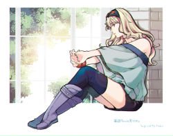 Rule 34 | 1girl, bare shoulders, blonde hair, blue eyes, blue hairband, boots, bracelet, eyewear on head, full body, hairband, hiyoshi hana, jewelry, long hair, looking at viewer, macross, macross frontier, own hands together, sheryl nome, shorts, sitting, solo, thighhighs