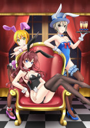 Rule 34 | 10s, 3girls, 7nanappe, :3, :p, animal ears, antenna hair, armchair, armpits, ass, bare arms, bare shoulders, black legwear, blonde hair, blue bow, blue footwear, blue hat, blush, bow, bowtie, breasts, bridal garter, brown legwear, chair, checkered floor, cleavage, closed mouth, collarbone, covered navel, cup, curtains, detached collar, drink, drinking glass, earrings, fake animal ears, fishnet legwear, fishnets, frilled leotard, frills, full body, gloves, green eyes, grey eyes, groin, hair intakes, hand gesture, hat, high heels, highres, holding, holding tray, ichinose shiki, idolmaster, idolmaster cinderella girls, indoors, jewelry, leotard, liquid, long hair, looking at viewer, medium breasts, miyamoto frederica, multiple girls, pantyhose, playboy bunny, purple hair, rabbit ears, red bow, red bowtie, shiomi syuko, shoes, short hair, sitting, smile, thighhighs, tongue, tongue out, top hat, tray, v, white gloves, window, wrist cuffs