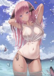 Rule 34 | 1girl, arms behind head, arms up, bikini, bikini under clothes, black bikini, breasts, bug, butterfly, cloud, collarbone, commentary, cowboy shot, crop top, day, front-tie top, gluteal fold, go-toubun no hanayome, hair ribbon, halterneck, highres, insect, large breasts, long hair, looking at viewer, marinesnow, nakano nino, navel, outdoors, parted lips, pink hair, purple eyes, ribbon, see-through, shirt, short sleeves, side-tie bikini bottom, smile, solo, standing, stomach, string bikini, sunlight, swimsuit, tan, tanline, tied shirt, two side up, wading, water, wet, wet clothes, wet shirt, white shirt