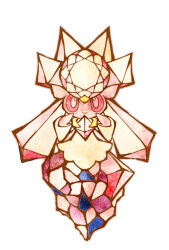 Rule 34 | 1girl, :&gt;, animal ears, chest jewel, closed mouth, colored sclera, colored skin, creatures (company), diancie, female focus, full body, game freak, gen 6 pokemon, hands up, happy, highres, legendary pokemon, long hair, looking at viewer, mythical pokemon, nintendo, pink eyes, pink gemstone, pink hair, pink skin, pokemon, pokemon (creature), red sclera, simple background, smile, solo, stained glass, straight-on, tensaitou tou, twintails, white background