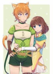Rule 34 | animal ears, blue eyes, brown hair, cat ears, cat girl, cat tail, collar, fire emblem, fire emblem: path of radiance, fire emblem: radiant dawn, gloves, highres, hug, lethe (fire emblem), mist (fire emblem), nintendo, orange hair, pout, purple eyes, simple background, tail, witchi
