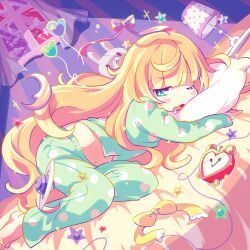 Rule 34 | 1girl, alarm clock, album cover, barefoot, blonde hair, blunt bangs, blush stickers, clock, cover, drooling, dutch angle, full body, green eyes, green pajamas, green pants, green shirt, head on pillow, highres, indie utaite, lamp, lampshade, long hair, long sleeves, looking at viewer, lying, mamimu (ma-mi-mu.me), messy hair, midriff, nanahira, navel, on bed, on side, one eye closed, open mouth, pajamas, pants, planet, polka dot, polka dot pajamas, shirt, sleepy, solo, stuffed animal, stuffed rabbit, stuffed toy, textless version, very long hair, wavy hair, wavy mouth, window
